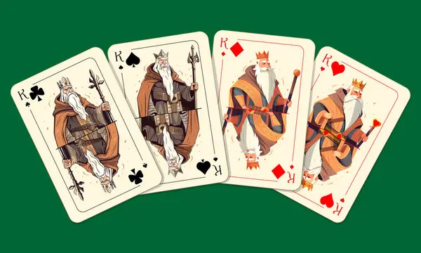 Vier Koningen Van Verschillende Pakken Een Groene Speeltafel Origineel Ontwerp — Stockvector