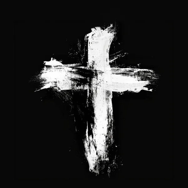 Rough hand drawn white and black cross symbol with visible brush strokes on a solid black background