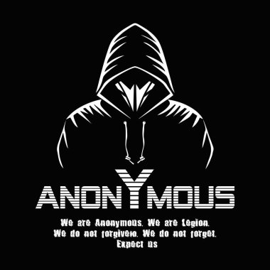 Anonim logo tasarımı. Maskeli ve kapüşonlu bir adam. Anonim slogan İngilizce: Biz Anonymous 'uz. Biz Lejyonuz. Biz affetmeyiz. Biz unutmayız. Bizi bekle. Vektör illüstrasyonu