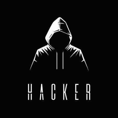 Hacker logosu. Bilgisayar korsanı, kapüşonlu adam. Vektör illüstrasyonu