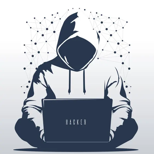 Λογότυπο Hacker Χάκερ Λάπτοπ Ένας Τύπος Κουκούλα Κάθεται Στο Πάτωμα — Διανυσματικό Αρχείο