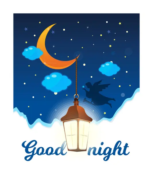 Καληνύχτα Αφίσα Ευχές Ένας Άγγελος Πετάει Στον Νυχτερινό Ουρανό Φόντο — Διανυσματικό Αρχείο
