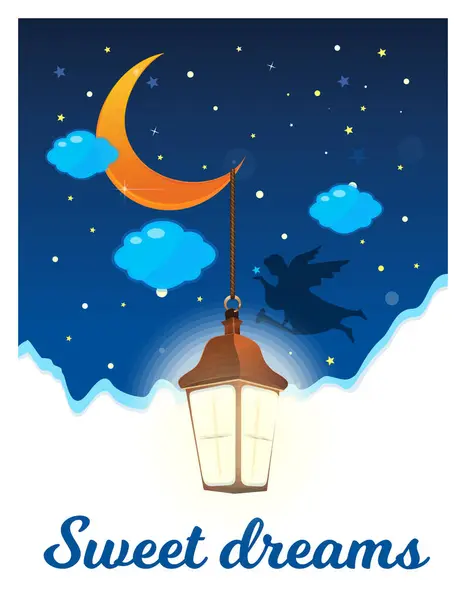 달콤한 꿈을위한 포스터 천사는 초승달의 배경을 밤하늘에서 날아갑니다 일러스트 — 스톡 벡터