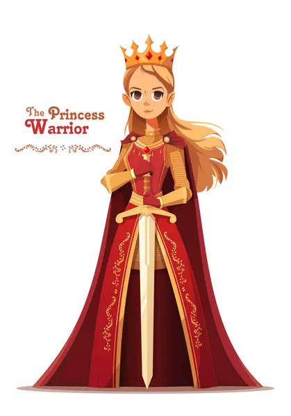 Πριγκίπισσα Πολεμίστρια Βασίλισσα Πανοπλία Ιππότη Σπαθί Εικονογράφηση Φορέα Κινουμένων Σχεδίων — Διανυσματικό Αρχείο