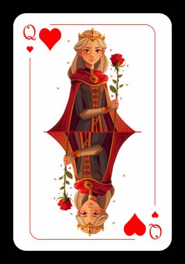 Kupa kızı oynuyorum. Kupa kızı, siyah arka planda orijinal oyun kartı tasarımı. Vektör illüstrasyonu