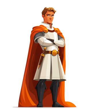 A confident cartoon knight in white armor and an orange cape stands with arms crossed, exuding bravery and leadership. Young handsome prince in cloak. Vector illustration clipart