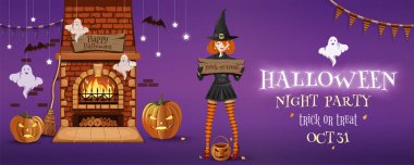 Cadılar Bayramı partisi, davetiye broşürü tasarımı. Cadılar Bayramı afişi ve cadı kostümlü tatlı bir kız. Vektör illüstrasyonu