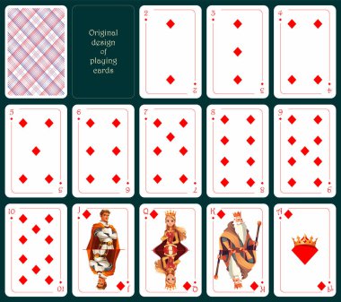 İskambil kartlarının orijinal tasarımı. Bütün kartlar elmas. Standart poker destesi, ikiden as 'a. Tüm kartlar elmas.