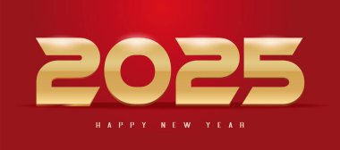 Mutlu yıllar 2025 tasarımı. 2025 tipografisinin yaratıcı tasarımı. 2025 kutlaması ve dekorasyonu için tasarım. 2025, kırmızı şenlik arka planında modern ve basit altın harfler.