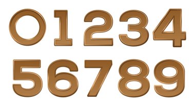 Hacimli altın sayılar 0 'dan 9' a ayarlandı. Yıldönümü için 0 'dan 9' a bakır numaraları, yeni yıl logosu işaretleri. Sıkı bir stil. Vektör illüstrasyonu