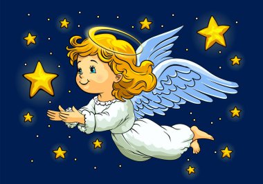Karikatür tarzında gece gökyüzünde uçan haleli şirin bir Noel meleği. Vektör illüstrasyonu