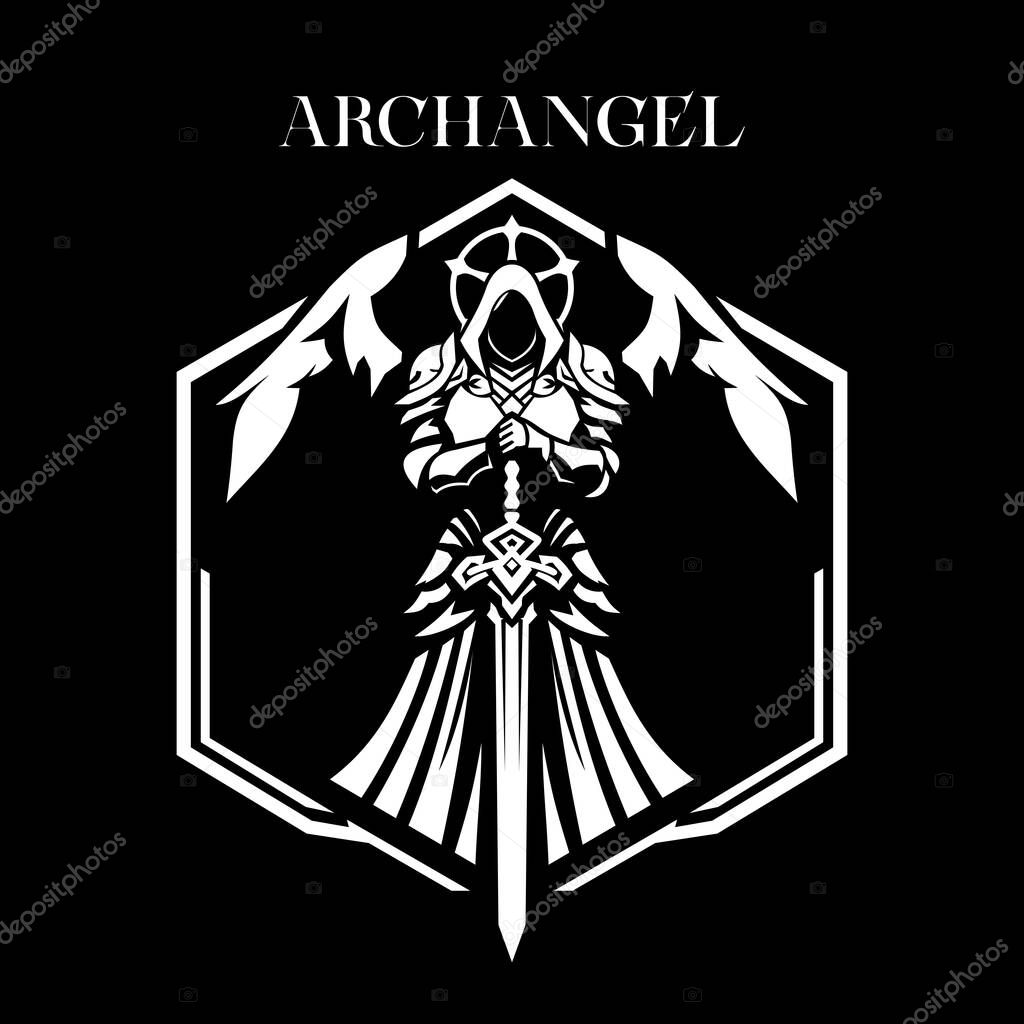 Archangel, black and white logo depicting a majestic figure of an angel in armor with a sword. Stylized black and white illustration of an archangel warrior with wings and a sword. Vector illustration