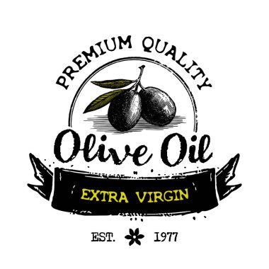 Elle çizilmiş siyah zeytin yağı etiketi ve organik gurme ambalaj tasarımı için pankart. Ekstra bakire. Birinci kalite. Vektör illüstrasyonu