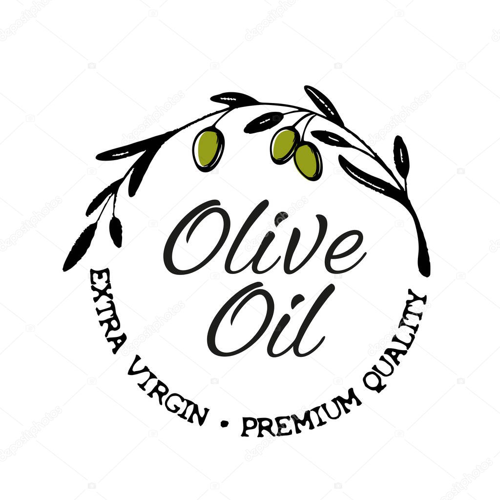Olive Oil. Extra Virgin. Hand-drawn vintage label for olive oil with olive branches. Premium quality, organic, natural product concept, vector illustration