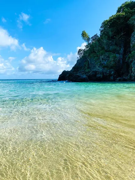 Dağları ve berrak suları olan plaj 