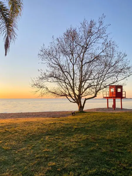 Sahildeki kırmızı cankurtaran evi.