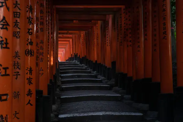 Torii Gates manzarası ve Fushimi Inari Tapınağı 'nın içine adımlar. Kyoto Japonya 'da vuruldu - 5 Mart 2023.