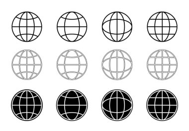 Dünya simgesi seti. Dünya gezegeni, farklı varyasyonlarda dünya haritası.