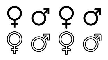 Cinsiyet ikonu vektör tasarımı. Cinsiyet eşitliği ikon vektörünün erkek ve kadın işareti. Vektör illüstrasyonu
