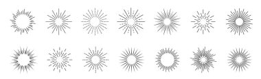 Güneş ışığı seti. En iyi kalite güneş kremi koleksiyonu. Havai fişek patlaması, logo, amblem, etiket. Vektör İllüstrasyonu.