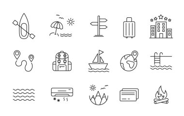 Tatil hattı simgeleri koleksiyonu. Seyahat ve tatil ikonları. Vektör illüstrasyonu