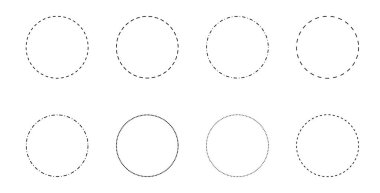 Beyaz arka planda daire çerçeveler. Noktalı doğru çember vektör çerçevesi. Çember işareti işareti. düz biçim.