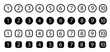 Mermi puanları. 1 'den 10' a kadar renkli listeler. Modern bilgi için vektör tasarım ögeleri ayarlandı. Vektör illüstrasyonu