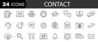 İnce çizgi simgeleri ayarlandı. İletişim simgesi. Destek, mesaj, telefon, dünya, işaret, sohbet, çağrı.