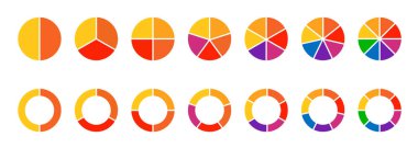 Farklı renkte çemberler izole edilmiş. Pasta grafikleri. Bir dizi daire. Bilgi elementinin yuvarlak şekli. Vektör illüstrasyonu.