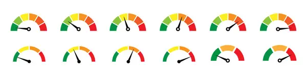 Risk ölçer simgesi ayarlandı. Hız göstergesinde risk kavramı. Ölçüler düşük ve yüksek arasında. Vektör illüstrasyonu.