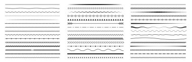 Vektör çizgisi kenarı kümesi. Çizgiler, dalgalar, zikzak, sınırlar. Geometrik vintage koleksiyonu. Karalama tasarımı. Vektör illüstrasyonu