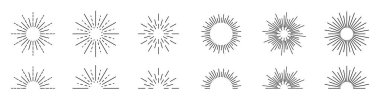 Güneş ışığı seti. Havai fişek patlaması, logo, amblem, etiket. Retro güneş patlaması tasarımı. Vektör İllüstrasyonu.