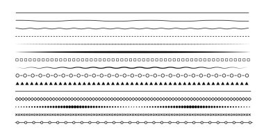Vektör çizgisi kenarı kümesi. Çizgiler, dalgalar, zikzak, sınırlar. Geometrik vintage koleksiyonu. Karalama tasarımı. Vektör illüstrasyonu