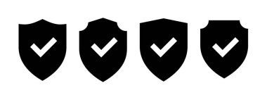 Kalkan simgesi ayarlandı. Kalkan güvenlik hattı simgelerini koruyun. Güvenlik ve koruma kavramı için tasarım unsurları. Vektör illüstrasyonu