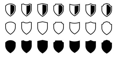Kalkan simgesi ayarlandı. Kalkan güvenlik hattı simgelerini koruyun. Güvenlik ve koruma kavramı için tasarım unsurları. Vektör illüstrasyonu