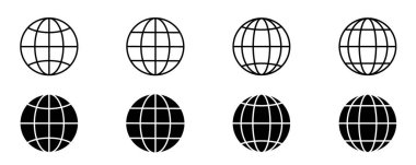 Dünya simgesi seti. Dünya gezegeni, farklı varyasyonlarda dünya haritası. Vektör illüstrasyonu