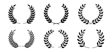 Yuvarlak defne yaprağı. Siyah dairesel yaprak seti. Şöhret dalları. Vektör siyah şöhret ayarlandı. Amblem çiçekli Yunan dalı düz stil