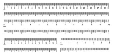 Ölçüm tabloları 30 santimetre, 12 inç. Yatay ölçekte 15 inç ve 15 santimetrelik işaretleme ve sayılar. Cetvel İnç ve metrik cetvel şablonu. 