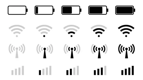 Batarya şarj ikonu vektörü. Wi-Fi simgesi siyah beyaz simgeler paketi. Cep telefonu sinyali. Gösterge pil illüstrasyon sembolü. Akülatör logosu. Vektör illüstrasyonu