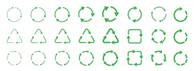 Sembol koleksiyonunu geri dönüştür. Yeşil geri dönüşüm vektör simgeleri kümesi. Vektör illüstrasyonu