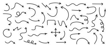 Ok simgeleri. El çizilmiş oklar. Okları beyaz arkaplanda izole et. Ok izi simgeleri. Vektör illüstrasyonu