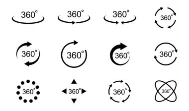 360 derece görüntü. Dönüşü veya panoramasını 360 dereceye işaret eden oklu işaretler. Vektör illüstrasyonu.