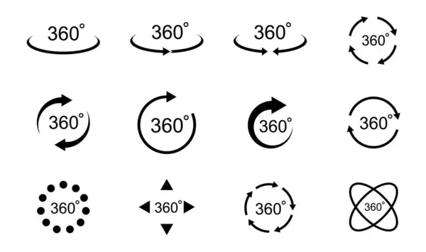 360 derece görüntü. Dönüşü veya panoramasını 360 dereceye işaret eden oklu işaretler. Vektör illüstrasyonu.