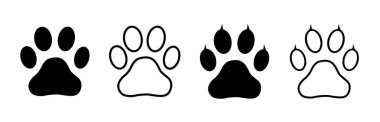 Köpek pençesi izi seti. Pençe simgesi. Evcil hayvan izi işareti. Vektör illüstrasyonu.