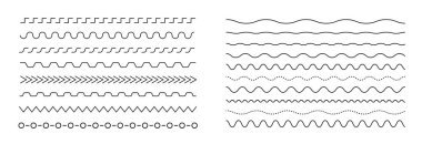 Vektör çizgisi kenarı kümesi. Çizgiler, dalgalar, zikzak, sınırlar. Geometrik vintage koleksiyonu. Karalama tasarımı. Vektör illüstrasyonu