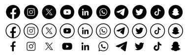 Sosyal medya logosu ayarlandı. Facebook Instagram X Twitter Youtube Snapchat Whatsap Linkedin Tiktok logo seti. Sosyal ağ simgeleri koleksiyonu