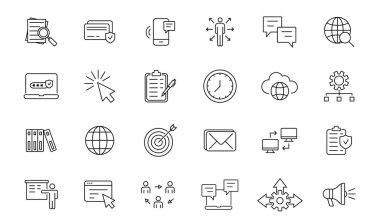 Web simgelerinin atölye seti. Ofis ve iş hattı simgeleri ayarlandı. Vektör illüstrasyonu.