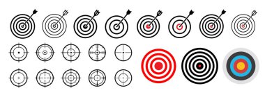 Hedef simgesi. Hedef ok simgesi ayarlandı. Ok hedefi vurdu. Okçuluk okuyla hedeflendi. Vektör illüstrasyonu