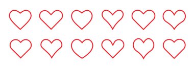 Kalp logosu. Kalpler beyazda izole edilmiş. Doğrusal ve düz kalpler. Aşk ikonu. Sevgililer Günü işaretleri ya da sembolleri. Vektör illüstrasyonu. 