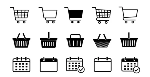 Alışveriş arabası, sepet ikonu seti. Alışveriş sepeti ikonu seti. Marketten ya da süpermarketten al. Takvim simgesi. Vektör illüstrasyonu